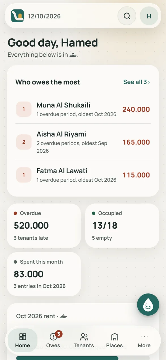 The Ghayl dashboard on a phone, with invented figures