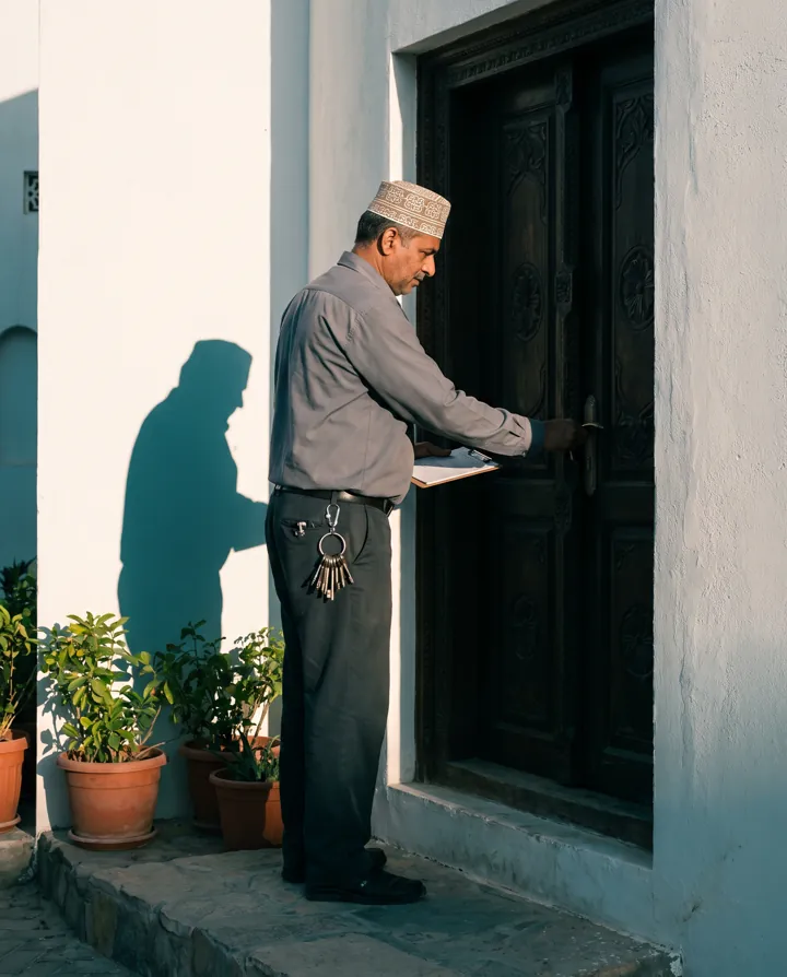 حارس العمارة يفتح بابها في الصباح.