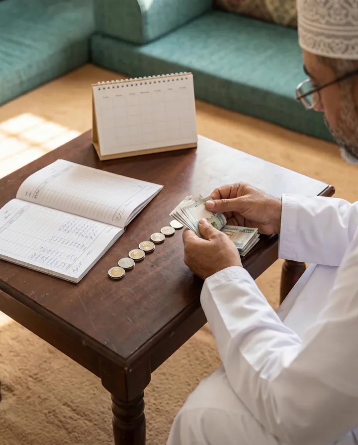 مالكٌ يعدّ أوراق الريال والبيسات بجانب دفتر إيصالاته.