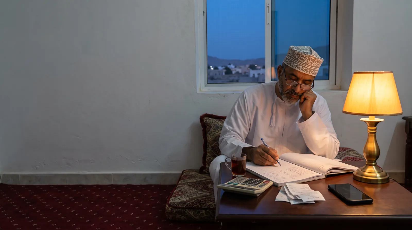 مالكٌ في بيته مساءً، أمامه دفتر وآلة حاسبة وإيصالات.