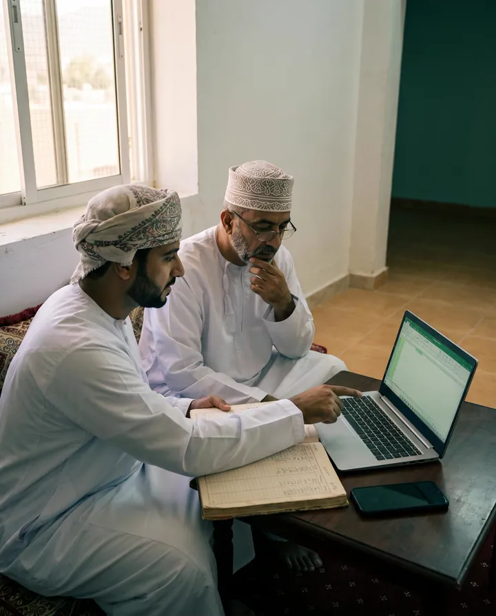 Father and son move the paper ledger into a spreadsheet.