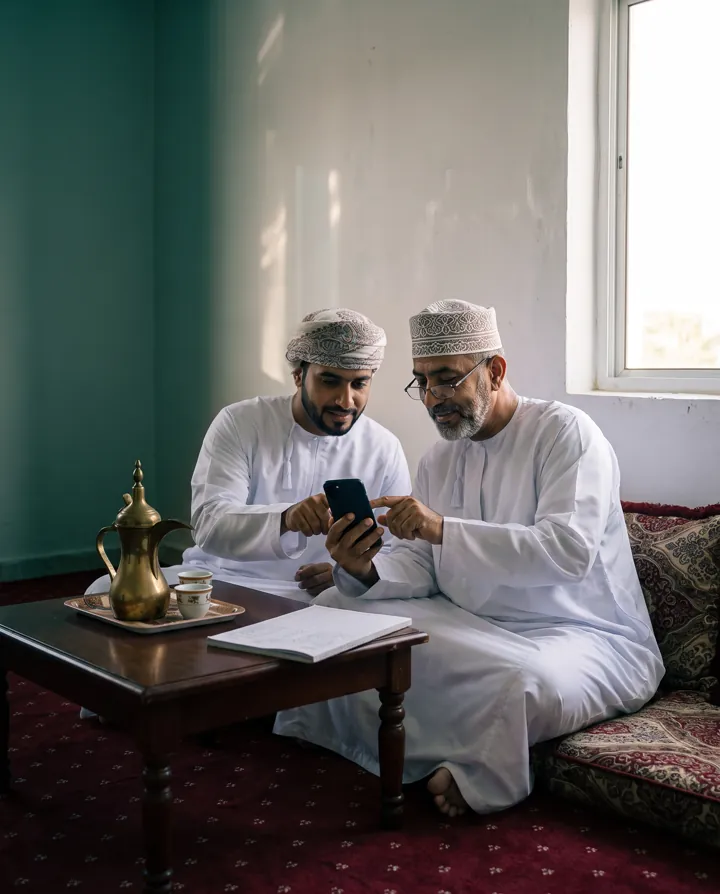 أبٌ وابنه ينظران إلى التطبيق معاً.